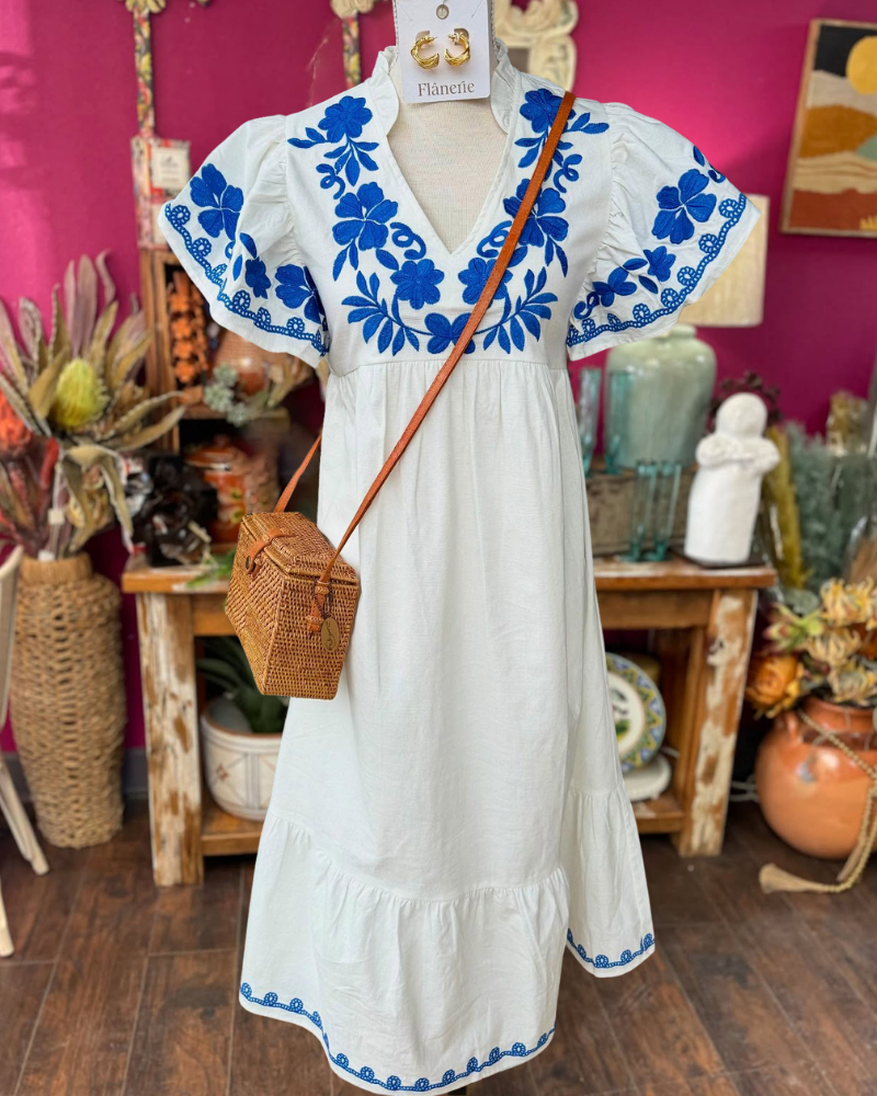 Fresh Floral Embroidered V-neck Dress