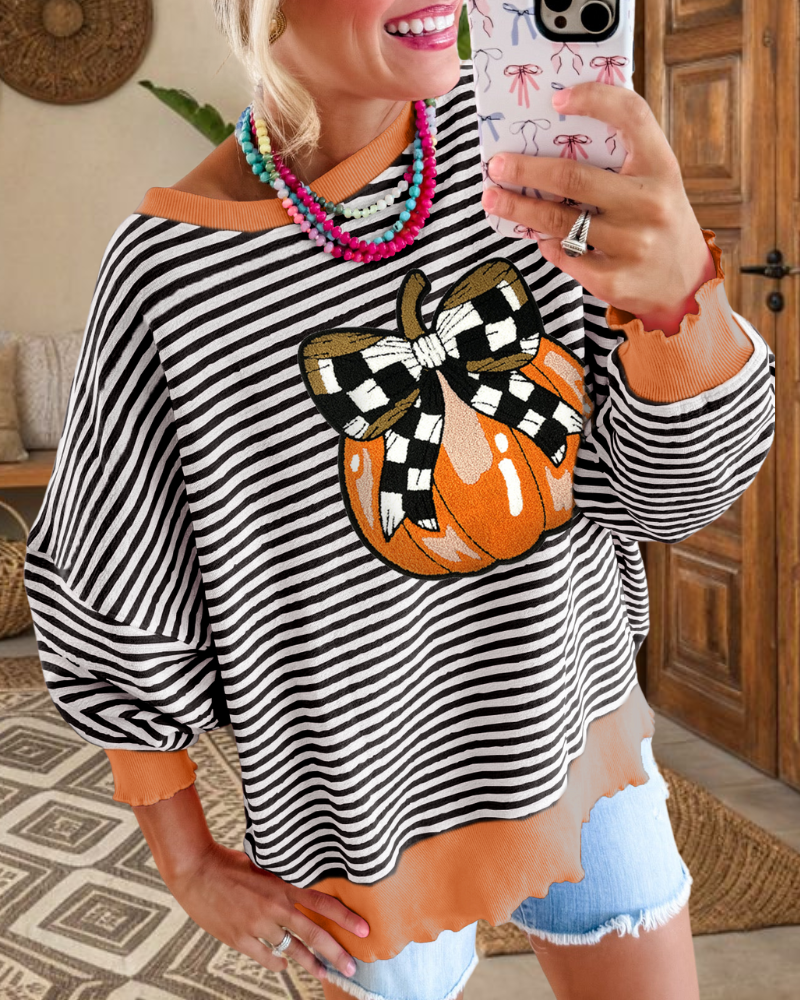 Pumpkin Bow Embroidered Striped Sweatshirt