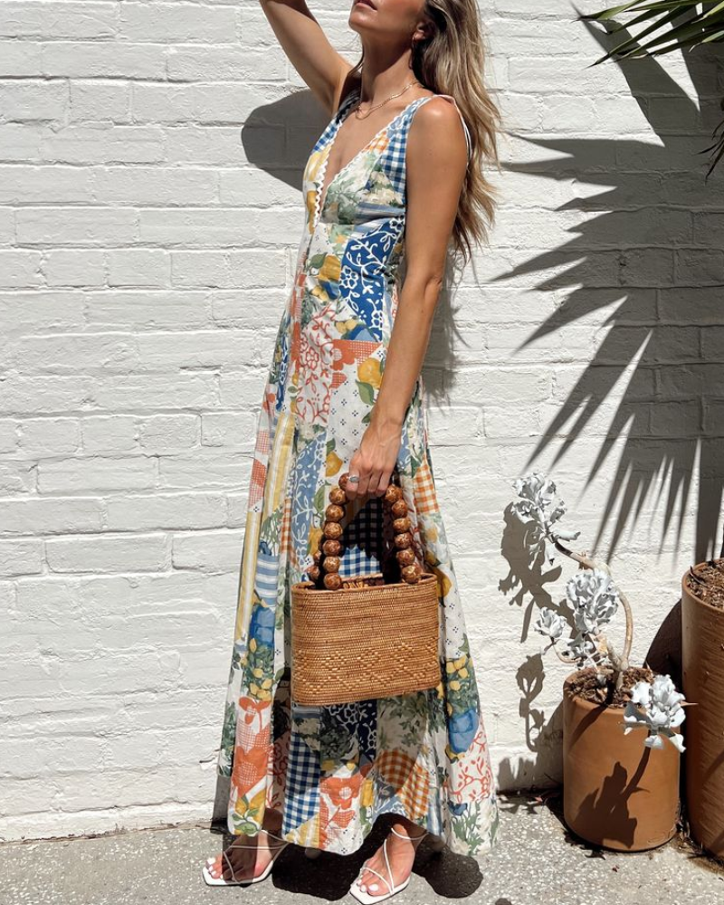 Patchwork Print V-Neck Maxi Dress