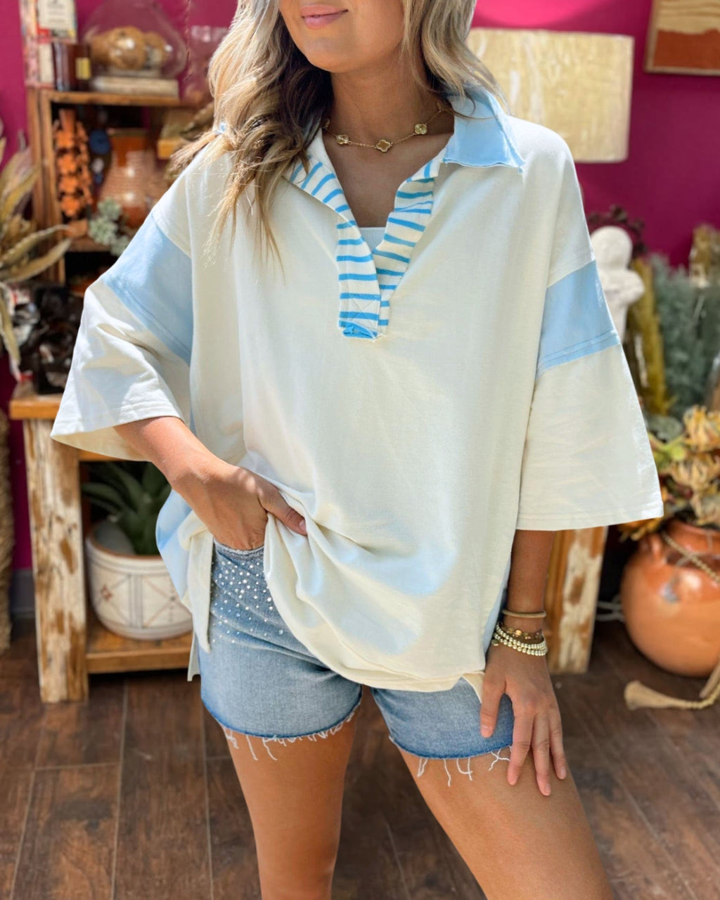 Colorblock Oversized Collared Pullover